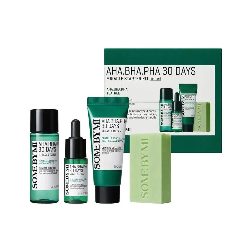 Some By Mi AHA BHA PHA 30 Days Miracle Starter Kit :                                                  -Miracle Cleansing Bar (Soap) - 30g
- Miracle Toner - 30ml
- Miracle Serum - 10ml
- Miracle Cream - 20g